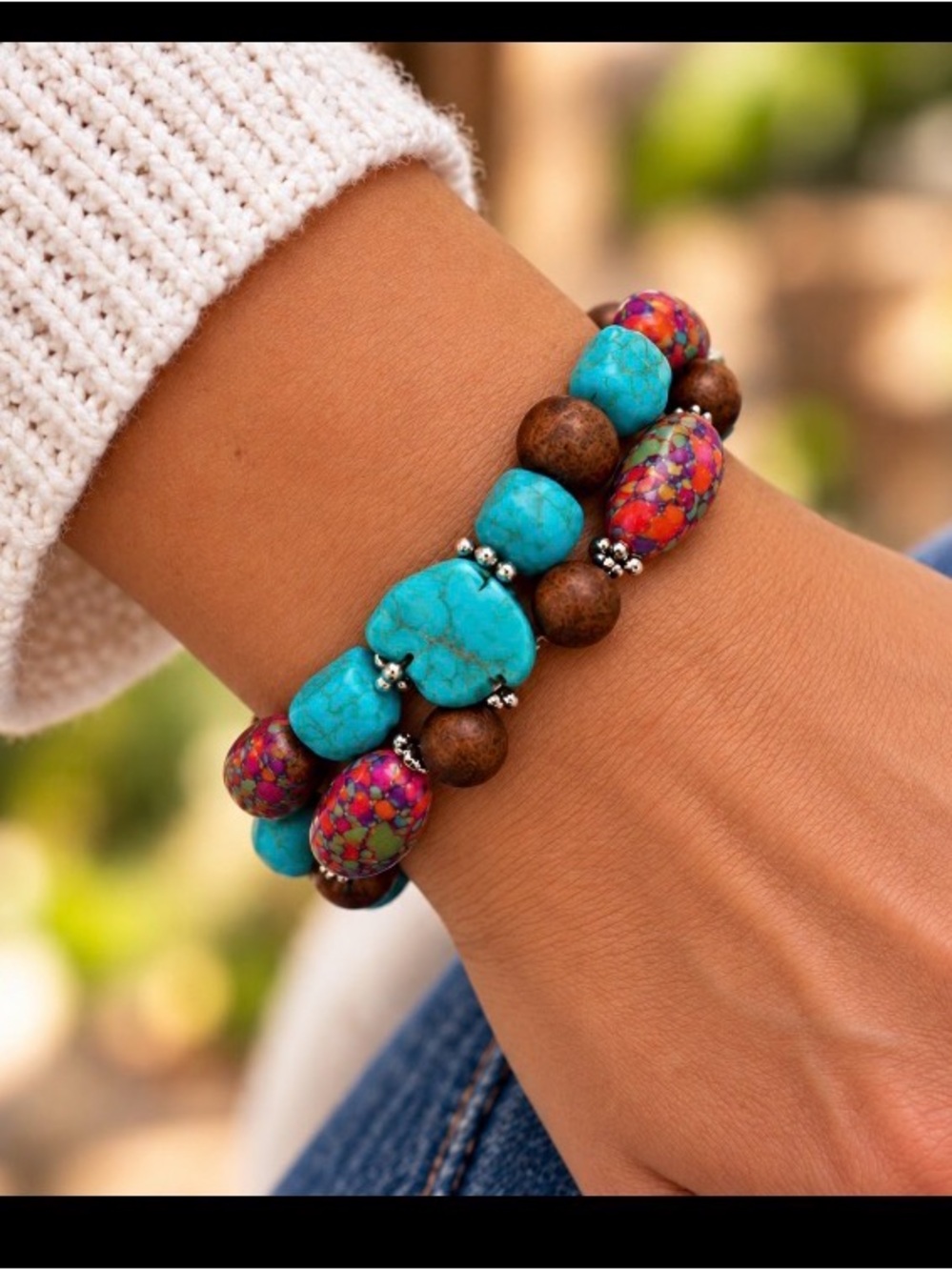 Boho Turquoise & Multicolor Beaded Stretch Bracelet Set
